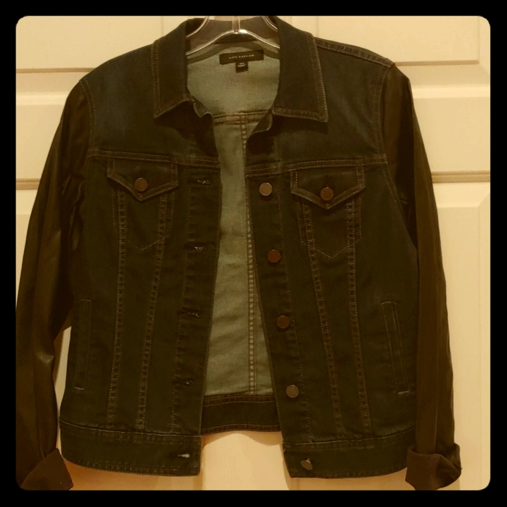 Ann Taylor blue faux leather sleeve demonic jacket